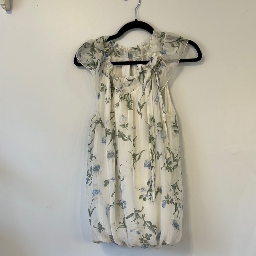 Cream‎ and Blue Ruffled Smocked Blouse